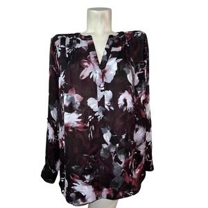 Simply Vera Vera Wang Sz 1X Floral Print Long Sleeve V-Neck Blouse Top Pintucked